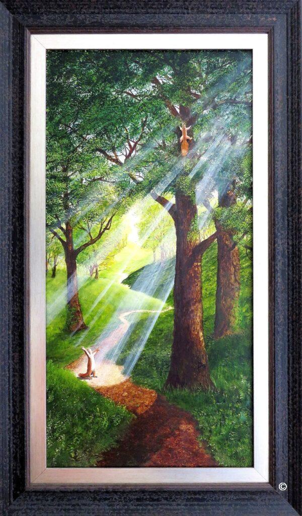 Follow your own path original oil painting featuring two red squirrels