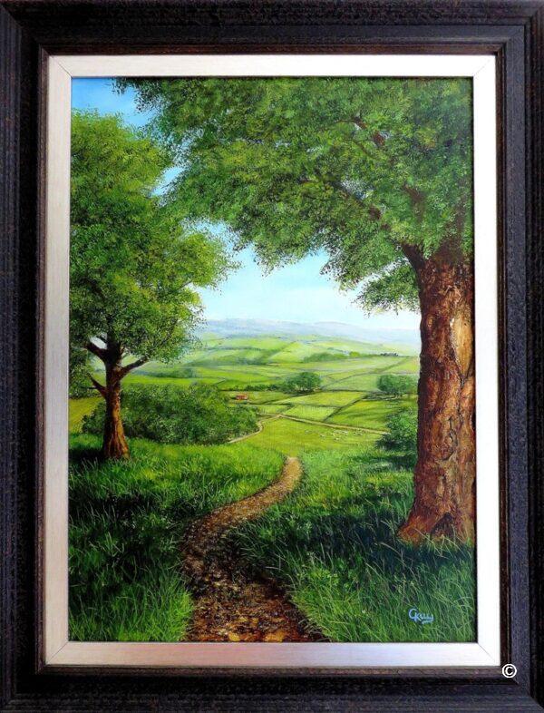 Homeward bound original oil painting depicting a winding path through Yorkshire fields