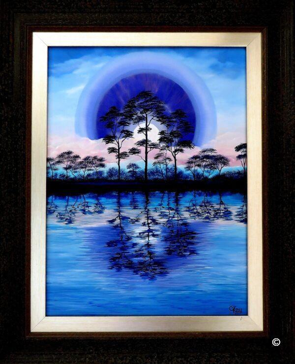 Serenity reflected original oil painting featuring silhouetted trees