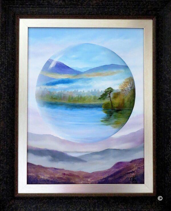 Vision in the mist original painting detailing purple heather moorland and lakeland orb