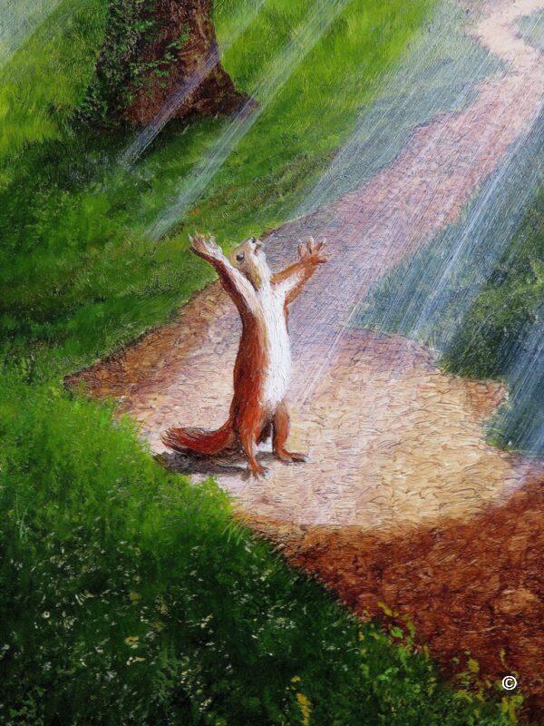 Detail from Follow your own path original oil painting showing one of the red squirrels at playirrels