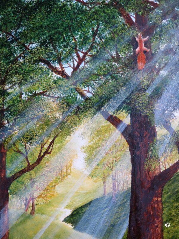 Detail from Follow your own path original oil painting showing one of the red squirrels up a tree