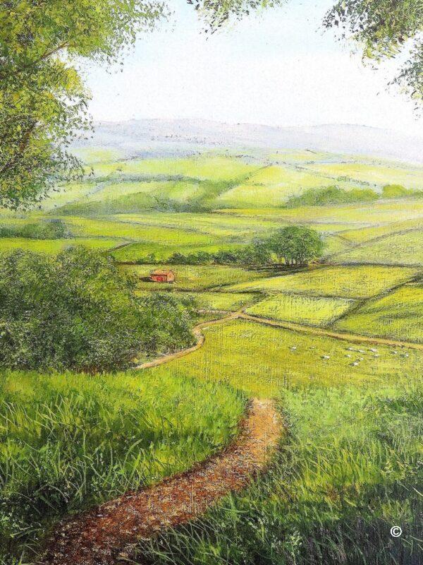 Detail from Homeward bound original oil painting depicting a winding path through Yorkshire fields