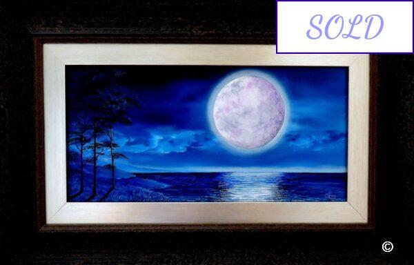 Lavender moon original oil painting featuring a beautiful moon reflection in the shimmering waters of a tranquil lake