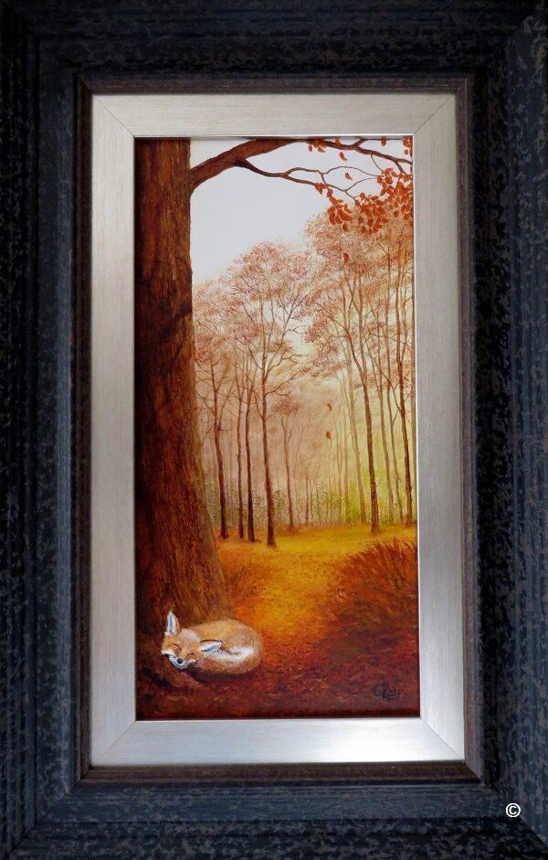 Dreaming of spring original oil painting featuring a sleepy fox in an autumnal woodland