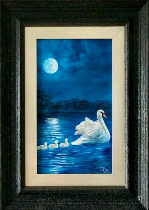 Moonlight swim original oil painting featuring a swan and her three cygnets