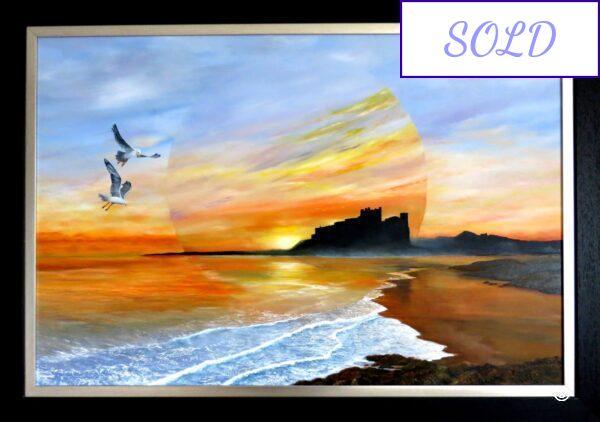 Original oil painting of Bamburgh Castle titled "Seen from a different perspective"