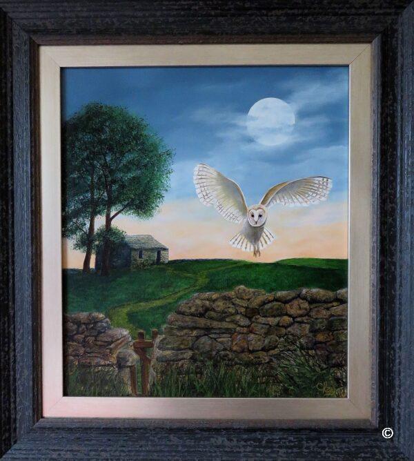 Original oil painting of "Upon the wings of twilight" featuring a barn owl hunting at dusk