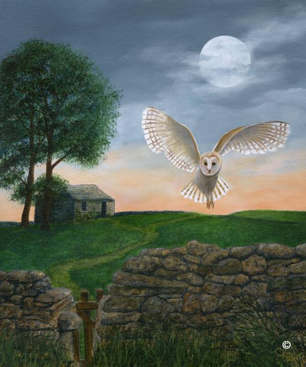 Print of "Upon the wings of twilight" featuring a barn owl hunting at dusk